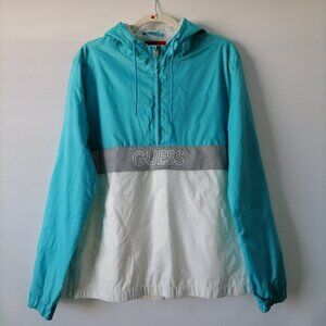 Guess Los Angeles Womens Blue White Outwear Hooded Windbreaker Jacket Size M